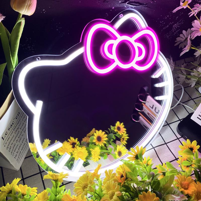 Sanrio Hello Kitty Cat Anime Neon Sign Mirror Vanity Mirror with Lights Bedroom Wall Mirror for Pink Room Decor and a Makeup Mirror with Lights Teen Girl Gifts Glass Decoration