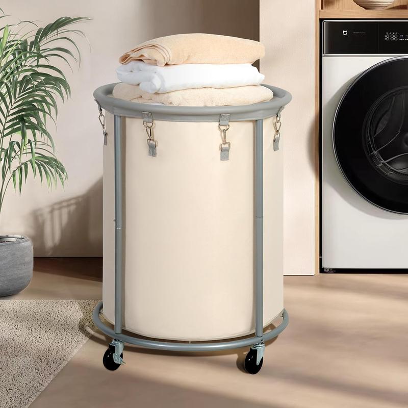 185L Industrial Sized Laundry Hamper with Wheels, Commercial 48 Gallons (185L) Extra Large Laundry Cart with Removable Bag, Round Laundry Basket Sorter for Laundry, Bedroom, Hotel, Beige and Gray, hamper on rolling,laundry basket