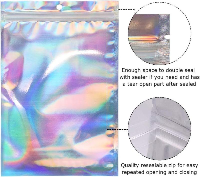 50pcs Holographic Foil Ziplock Bags 6x9 Inch, Resealable Mylar Sample Pouch Gift Baggies For Packaging Candy Jewelry Lash Lip Gloss