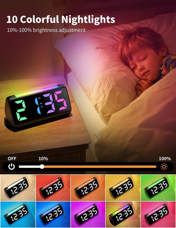 Digital  Clocks for Bedrooms, Bedside Clocks with RGB Night Light, Rainbow Time, Large Display, Dual , Snooze, LED Desk Dimmable  Clock for  Teens (Black)