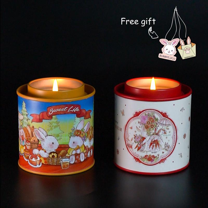 BUNNYLULU Hand Poured Aroma Candle in Cute Tin, with 2 Air Fresheners Cards, Coconut Vanilla & Fruity Berry, 5oz, Sustainable Sourced Soy & Beeswax