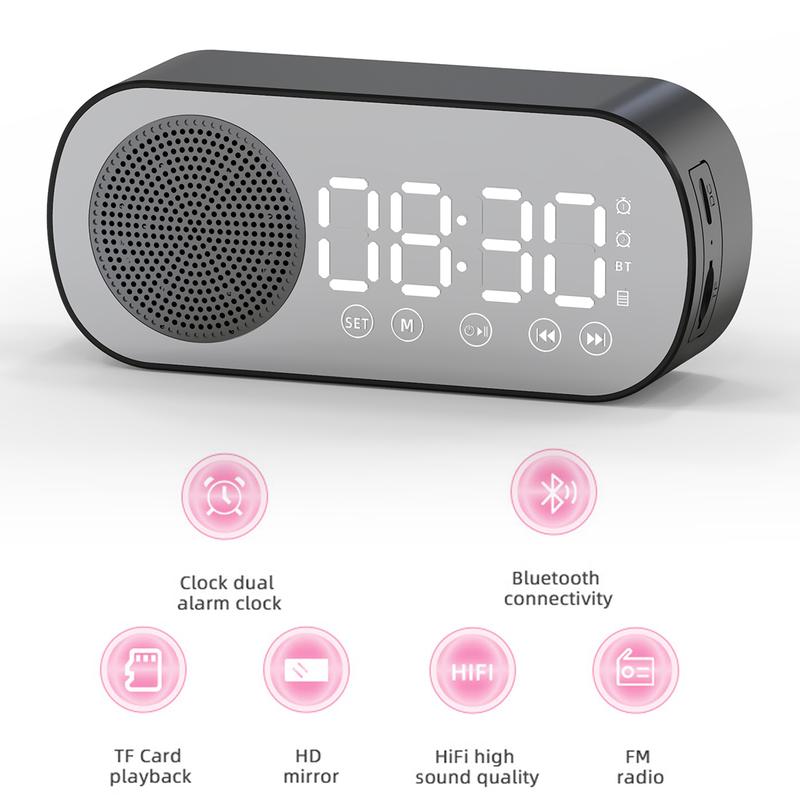 Wedding Gifts Digital Alarm Clock Bluetooth 5.0 Speaker LED Display Mirror Desk Alarm Clock with FM Radio Support TF Card Play Hands-Free Call Dual Alarm Clock with USB Charging Port Adjustable Brightness