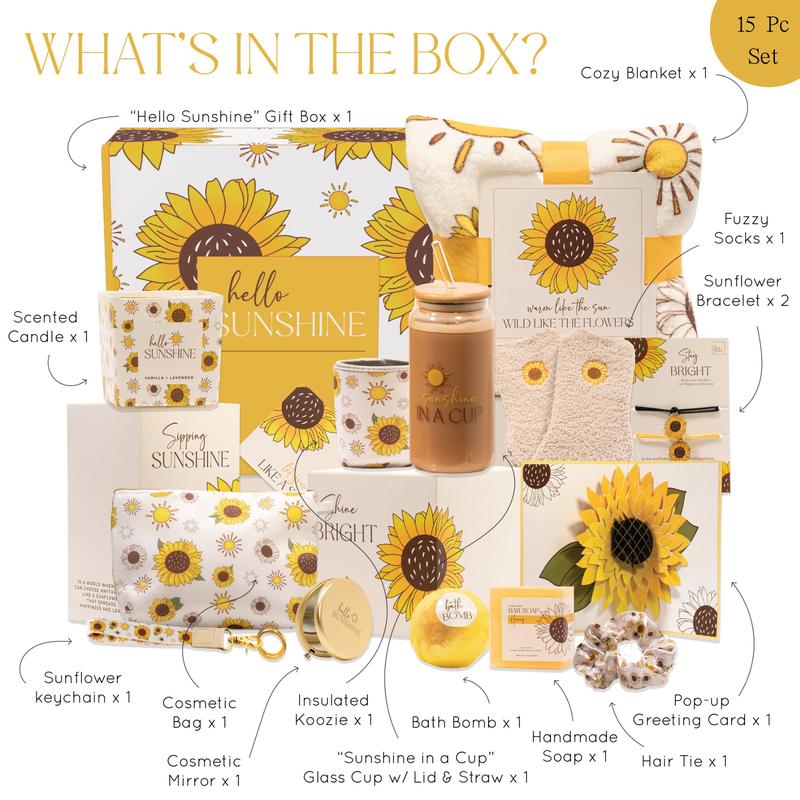 The Love Crate Co Sunflower Gifts for Women, 10pc or 15pc Sunflower Gifts for Women, Get Well Soon Gift Baskets, You Are My Sunshine Gifts