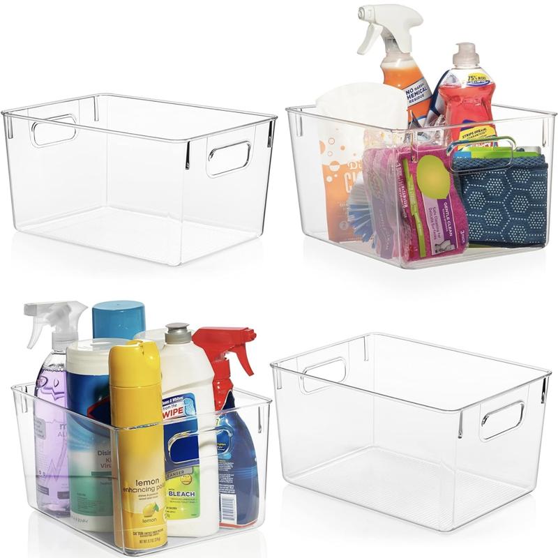 4 Pack Clear Plastic Storage Bins, Pantry Organizers and Storage Containers Fridge Organizer Bins Kitchen Cabinet Organizer Medicine Cabinet Organizer Bin for Organizing Home Bathroom Freezer Refrigerator