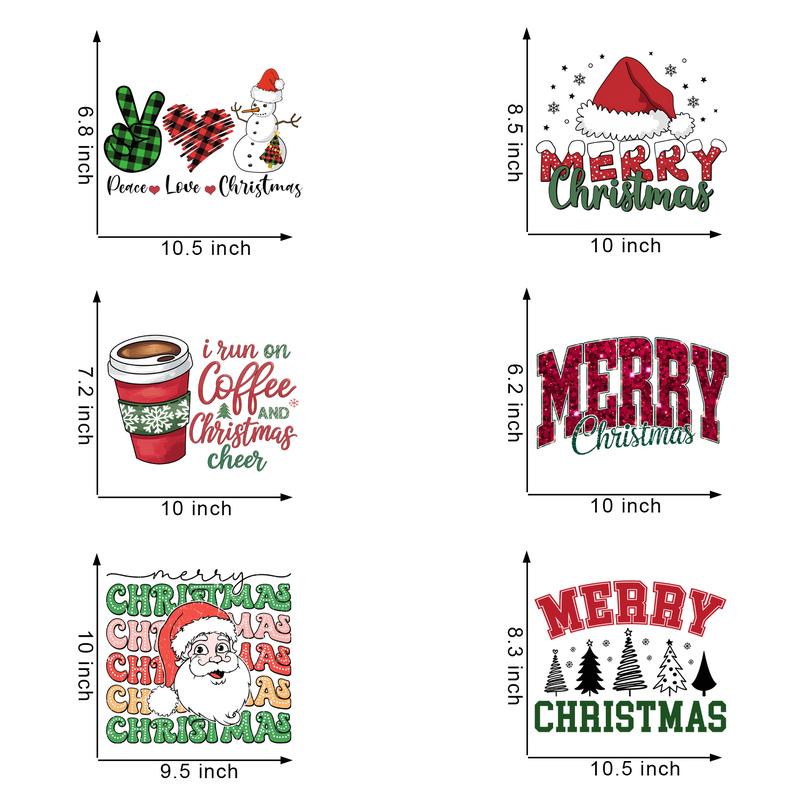 6Pcs Red Green Merry Christmas Iron on Transfers Santa Iron on Decals dtf transfers Ready to Press Patches Heat Transfers Cute Heat Decals for Clothes Bag Covers DIY Decorations