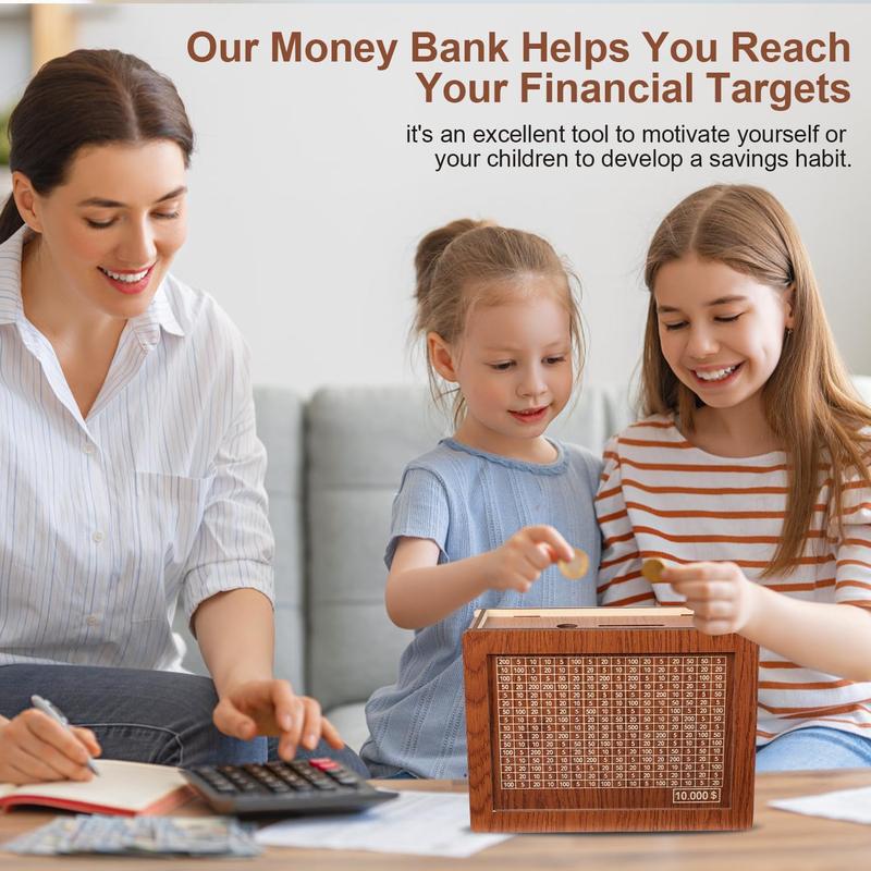 Money Saving Box Piggy Bank for Adults Kids New Cash Box 10000 Savings Challenge Box Wooden Coin Bank for Boys and Girls with 1000 3000 5000 10000 Money Target Best Gift for Friends($10000,Brown)