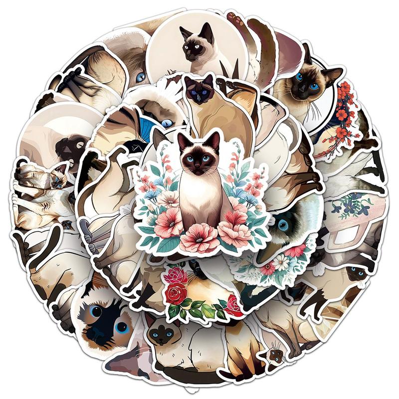 Cute Siamese Cat Pattern Sticker, 50pcs set Cartoon Sticker for DIY Scrapbooking Laptop Luggage Water Bottle Decoration, DIY Decorative Sticker