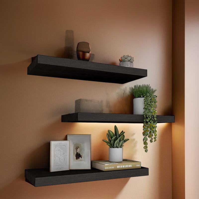 Decorative Floating Shelves - Set of 4, Wall Mounted - Black Wood Minimalist Installation