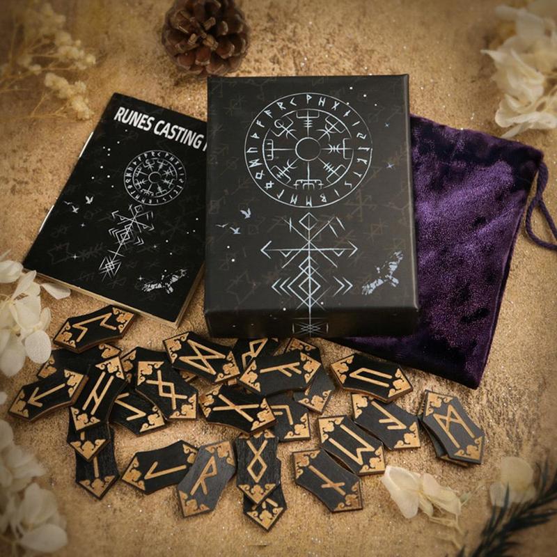 Wooden Runes Set, 25pcs set Wooden Runes with Guide Book, Divination Rune Set for Witchcraft Beginner Meditation, Christmas Gift