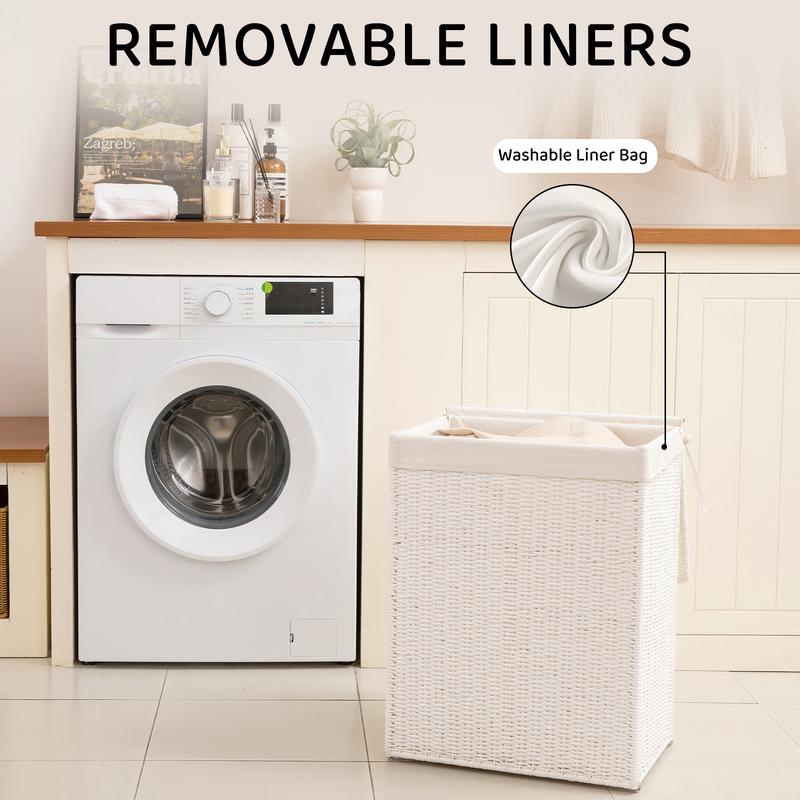 23.8 Gal (90L) Laundry Hamper with Lid, Wicker Hamper with Removable Liner Bags, Foldable Woven Paper Rope Hamper for Laundry Room, Bedroom