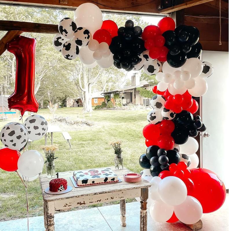 Cow Balloons Garland Arch Kit- 150pcs Red Black White Mix Balloons for Cowboy Cowgirl's Birthday Party Decorations - Farm Animal Party Supplies