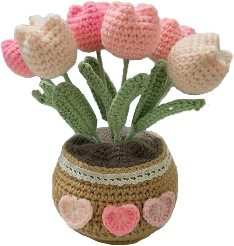 Handmade Crochet Flowers with Vase, Lovely Knitting Flower Potted Plant for Home Office Desk Shelf Decoration Decorative Fruit