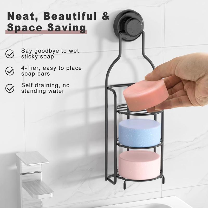 2 Tier Soap Bar Holder, Shampoo Bar Holder for Shower Wall, Self Draining Soap Dish for Bathroom Wall and Kitchen Sink, Soap Caddy with Suction Cup No Drilling (Black) Matte Installation Minimalist Organize