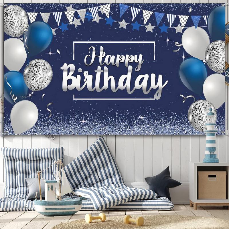 Happy Birthday Backdrop, Glitter Banner for Party Supplies, Photo Background (72.8 x 43.3 Inch, Silver & Navy Blue) Ornaments