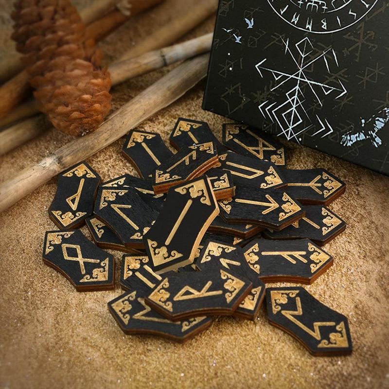 Wooden Runes Set, 25pcs set Wooden Runes with Guide Book, Divination Rune Set for Witchcraft Beginner Meditation, Christmas Gift