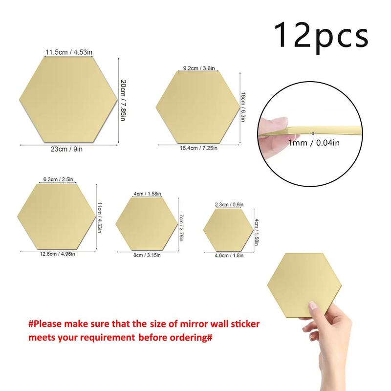 Hexagon Removable Mirror Wall Sticker, 12pcs Hexagon Self Adhesive DIY Wall Mirror, Decorative Wall Mirror Sticker for Kitchen Bedroom, Full-length Mirror, Home Decor