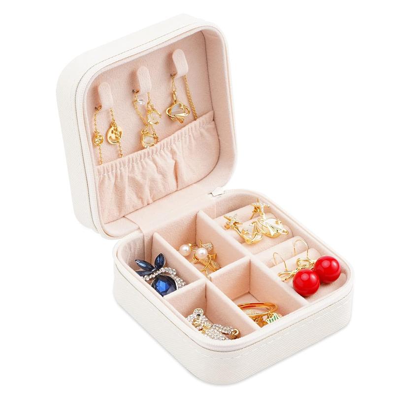 Portable Travel Mini Jewelry Box Leather Jewellery Ring Organizer Case Storage Gift Box Women (white).