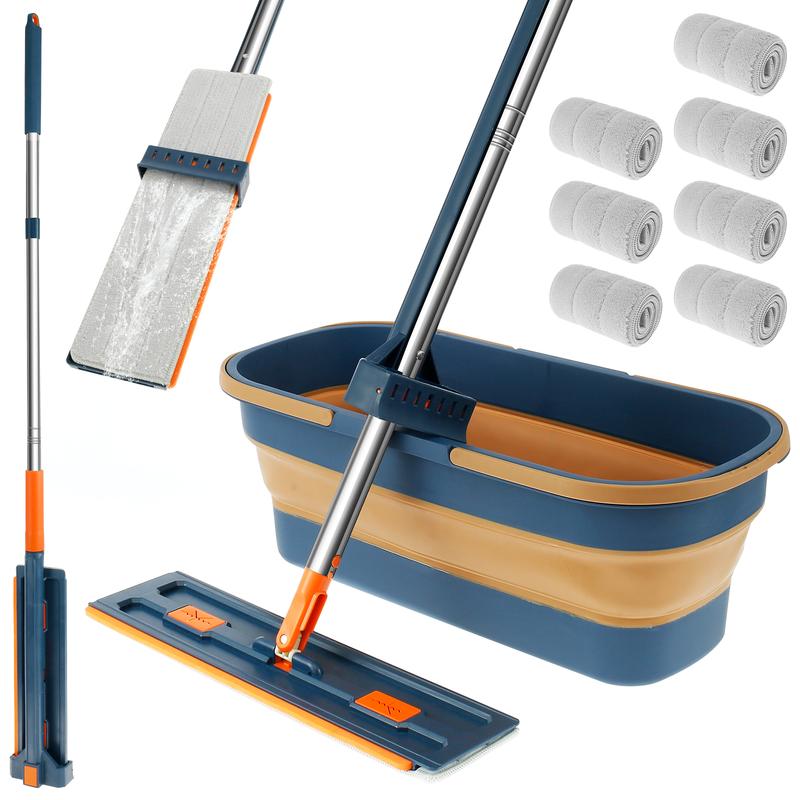 Mop and Foldable Bucket Set 360° Rotating Microfiber Mop Hands-Free Flat Floor Mop with Dewatering Scraper and 7 Mop Pads Dry and Wet Dust Mop Collapsible Bucket and Cleaning Mop Kit