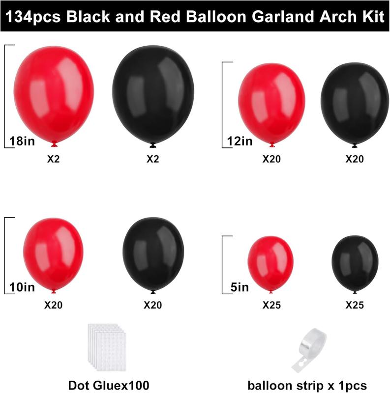 Red Black Balloons Garland Arch Kit, 134pcs Black and Red Party Balloons with Different Size for Graduation, Birthday, Anniversary, BBQ Casino, New Year Party Decorations Supplies