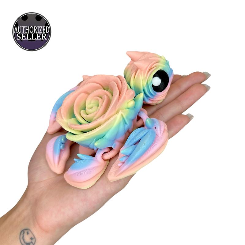 Rainbow Rose Turtle Articulated Figurines: Small & Large, Pastel, Silky & Glitter Finishes