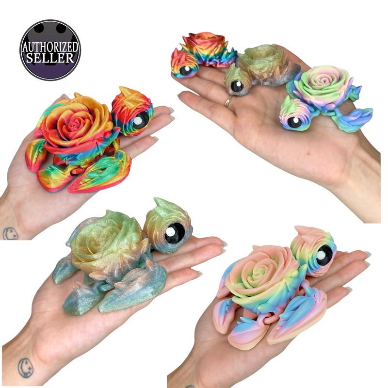 Rainbow Rose Turtle Articulated Figurines: Small & Large, Pastel, Silky & Glitter Finishes