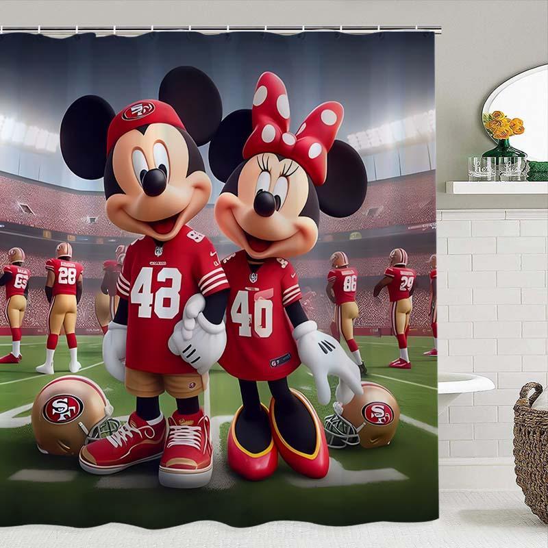 Cartoon Minnie & Mickey & Sports Pattern Shower Curtain, 1 Count Waterproof Bathroom Curtain with Hooks, Bathroom Decor Supplies for Home Hotel Salon Dormitory