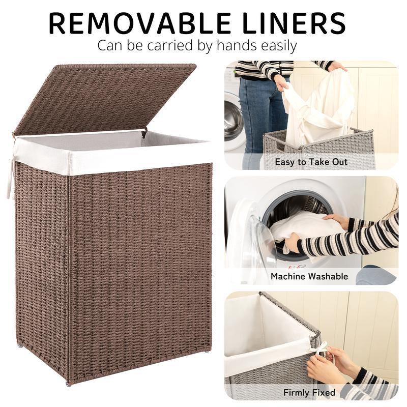 23.8 Gal (90L) Laundry Hamper with Lid, Wicker Hamper with Removable Liner Bags, Foldable Woven Paper Rope Hamper for Laundry Room, Bedroom