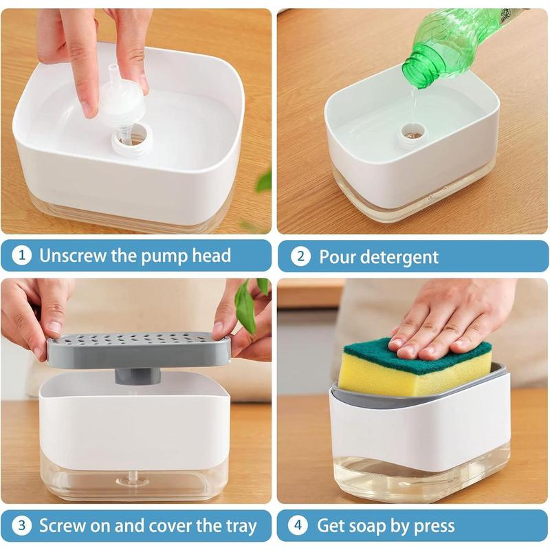 Soap Pump Dispenser and Sponge Holder, 12oz   350ml Dish Soap Dispenser for Kitchen Box Plastic