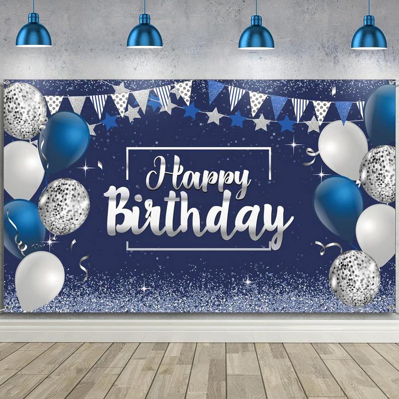 Happy Birthday Backdrop, Glitter Banner for Party Supplies, Photo Background (72.8 x 43.3 Inch, Silver & Navy Blue) Ornaments