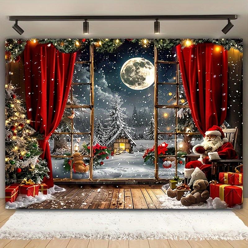 Merry Christmas Pink Magic Wonderland Background - Vintage wooden house and snow tree design, peach velvet tapestry, suitable for living rooms, outdoor decoration, live streaming and photo booths