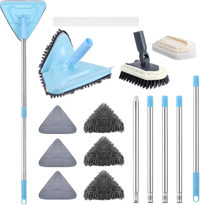 Wall Cleaner Mop with Long Handle 85 Inches Baseboard Cleaner Tool Duster with 6 Replacement Pad and 2 Tile Tub Brush, Wall Mop for Cleaning Ceiling Window Tile Tub, Blue Bathtub Household Microfiber Pet