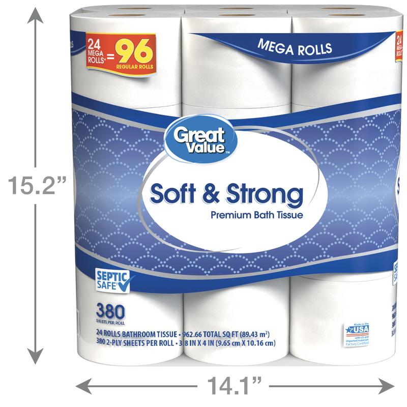 Great Value Soft & Strong Premium Toilet Paper, 24 Mega Rolls, 380 Sheets per Roll