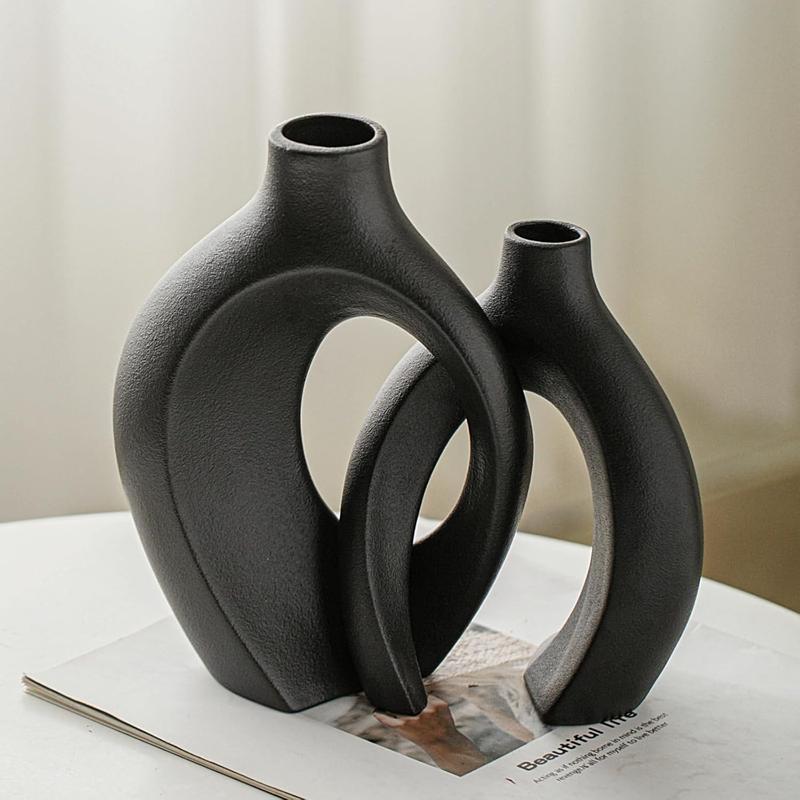 Snuggle Hollow Modern Ceramic Vase Set of 2, Mid Century Nordic Aesthetic Decorative Vase Decorative Vases for Home Table Decor (Matte Black W 6.3