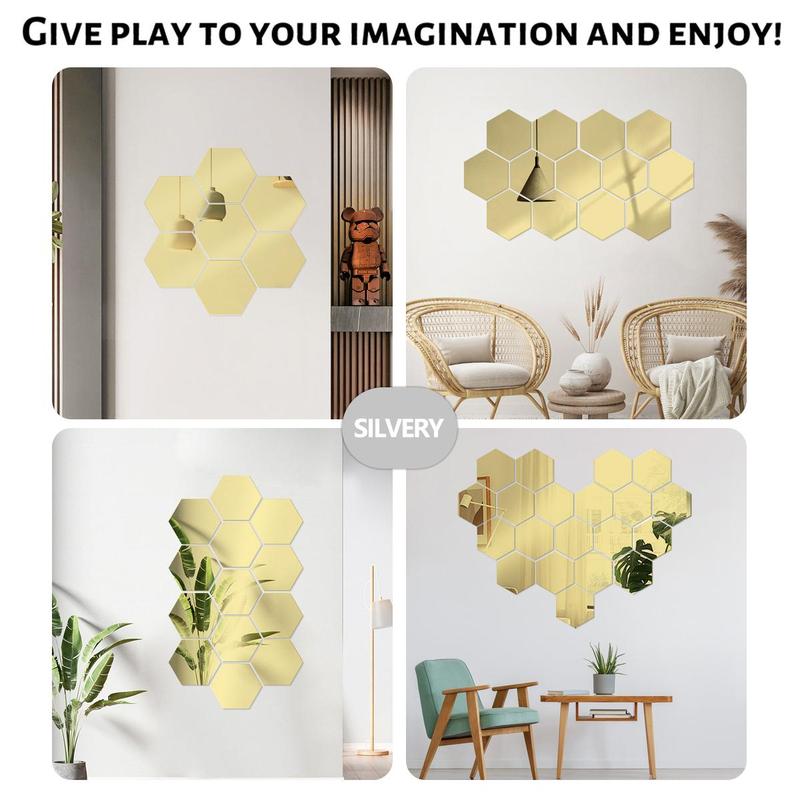 Hexagon Removable Mirror Wall Sticker, 12pcs Hexagon Self Adhesive DIY Wall Mirror, Decorative Wall Mirror Sticker for Kitchen Bedroom, Full-length Mirror, Home Decor