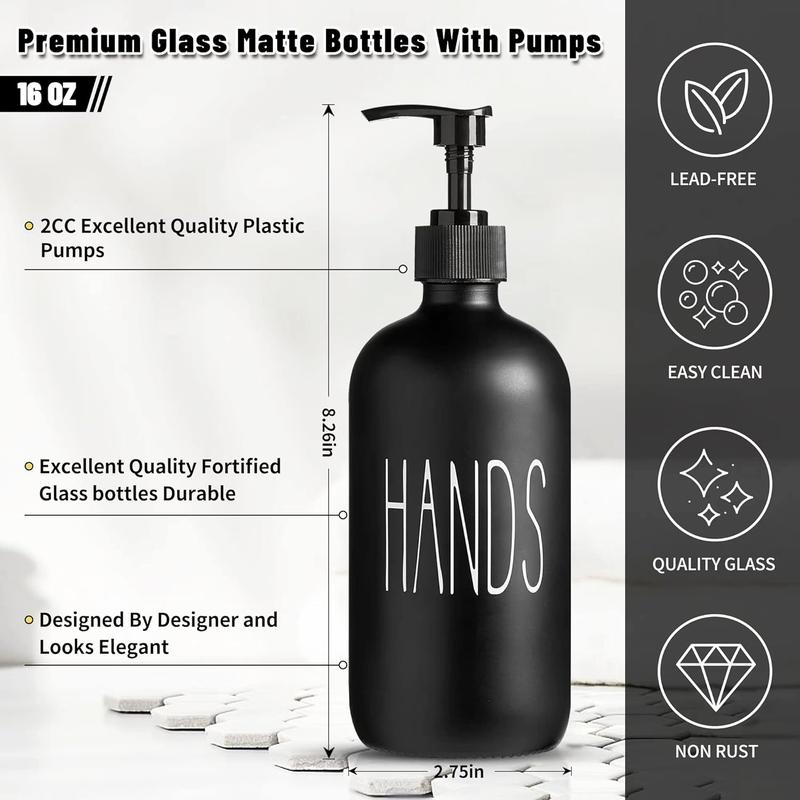 Glass Soap Dispenser Set 2 Pack,Contains Hand and Dish Soap Dispenser.Premium Kitchen Soap Dispenser Set for Kitchen Sink and Farmhouse Decor .16 Oz Black Soap Dispenser with Pumps -Black