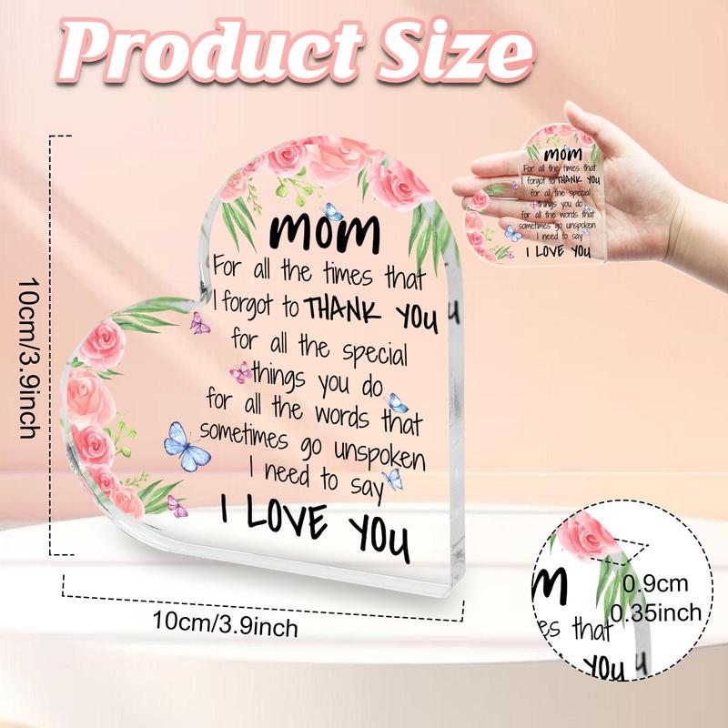 Heart Shaped Acrylic Transparent Plaque for Desktop Office, 1 Count Special Thank you Gift for Mother, Desktop Ornaments, Birthday Gift for Women, Mom