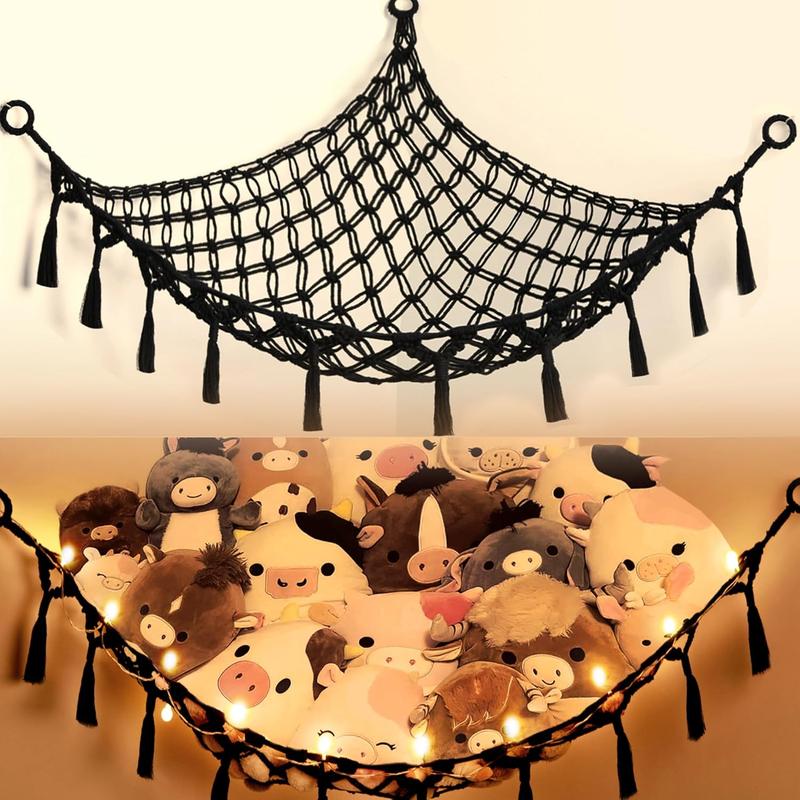 Stuffed  Net or Hammock with Light, Macrame Hanging Net Hammock for Stuffed   Storage Organizer Boho Decor Room Holder for  Play Room Bedroom (Beige(42