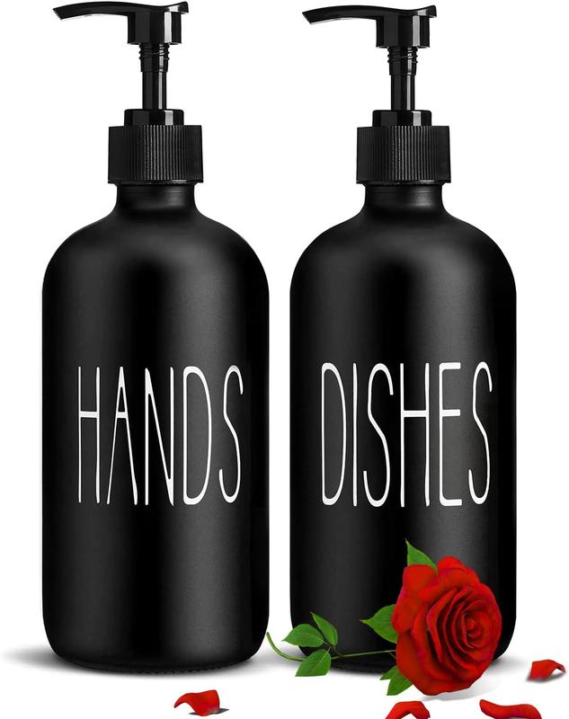 Glass Soap Dispenser Set 2 Pack,Contains Hand and Dish Soap Dispenser.Premium Kitchen Soap Dispenser Set for Kitchen Sink and Farmhouse Decor .16 Oz Black Soap Dispenser with Pumps -Black