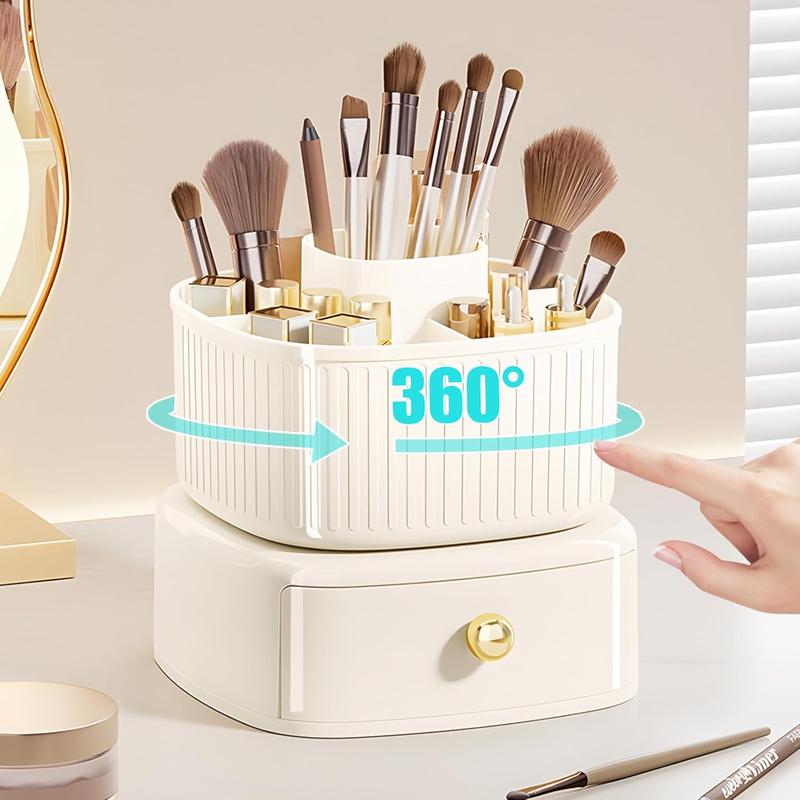 Makeup Brush Holder Organizer,360 Rotating Makeup Organizer with Drawer,5 Slot Make up Brushes Cup Organizers, For Brush, cosmetic, for Vanity, Desktop, Office - Cream