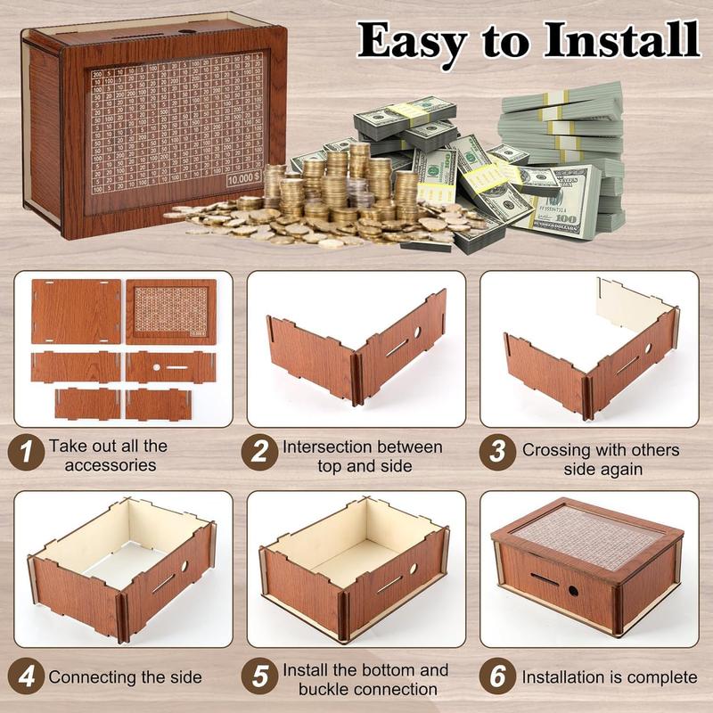 Money Saving Box Piggy Bank for Adults Kids New Cash Box 10000 Savings Challenge Box Wooden Coin Bank for Boys and Girls with 1000 3000 5000 10000 Money Target Best Gift for Friends($10000,Brown)