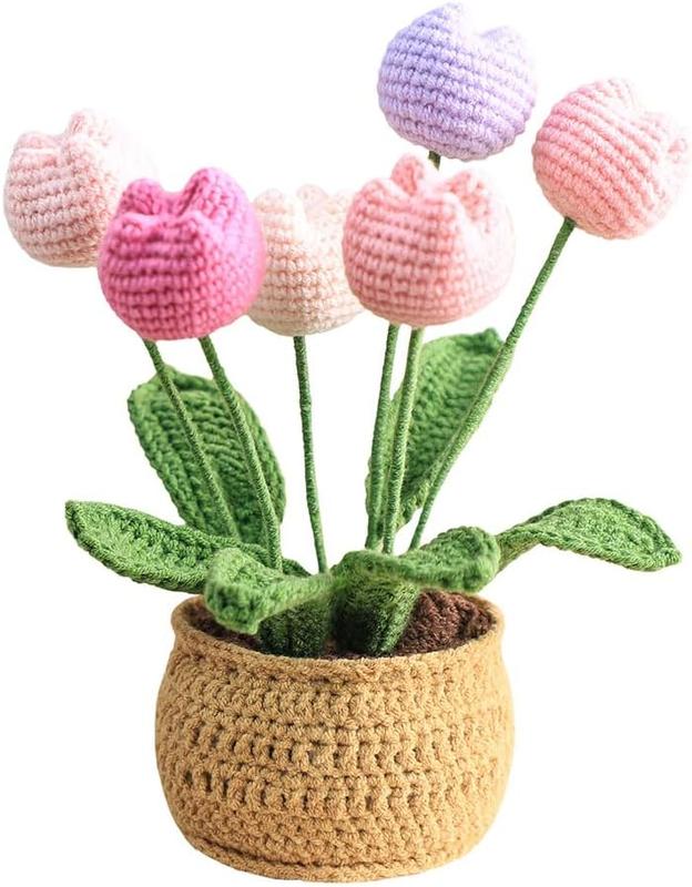 Handmade Crochet Flowers with Vase, Lovely Knitting Flower Potted Plant for Home Office Desk Shelf Decoration Decorative Fruit