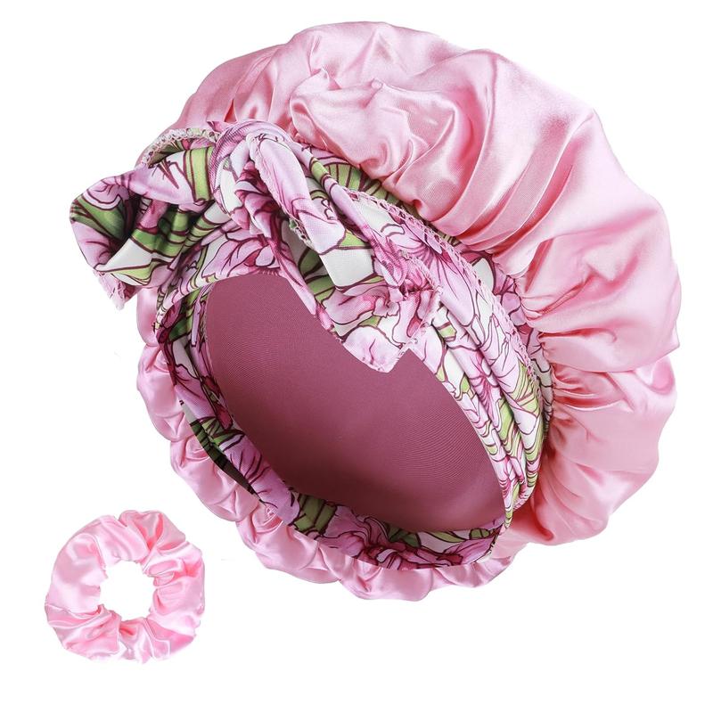 Satin Bonnet for Sleeping, Large Silk Sleep Cap Satin Hair Bonnets with Printed Tie Band and Scrunchies, Shower Caps for Women Curly Hair(Pink)