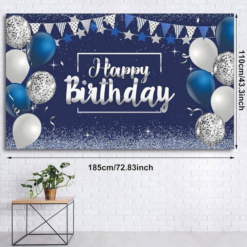 Happy Birthday Backdrop, Glitter Banner for Party Supplies, Photo Background (72.8 x 43.3 Inch, Silver & Navy Blue) Ornaments