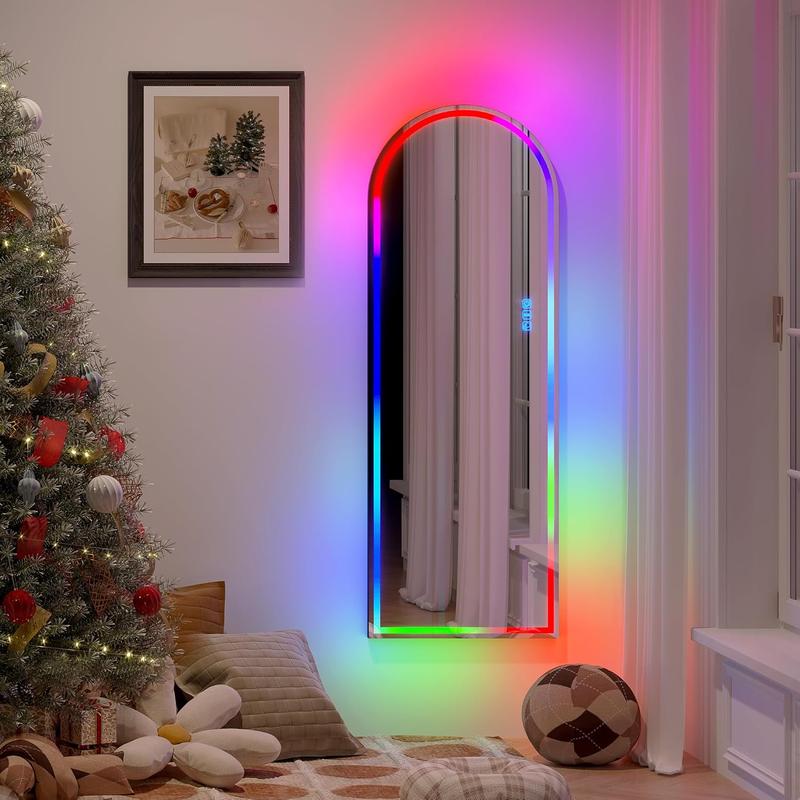 LVSOMT Arch Full Length Mirror with RGB LED Lights, Wall Mounted Over The Door Full Body Mirror, Arched Light Up Mirror, Hanging Lighted Mirror for Bedroom, Living Room, Cloakroom (Black)