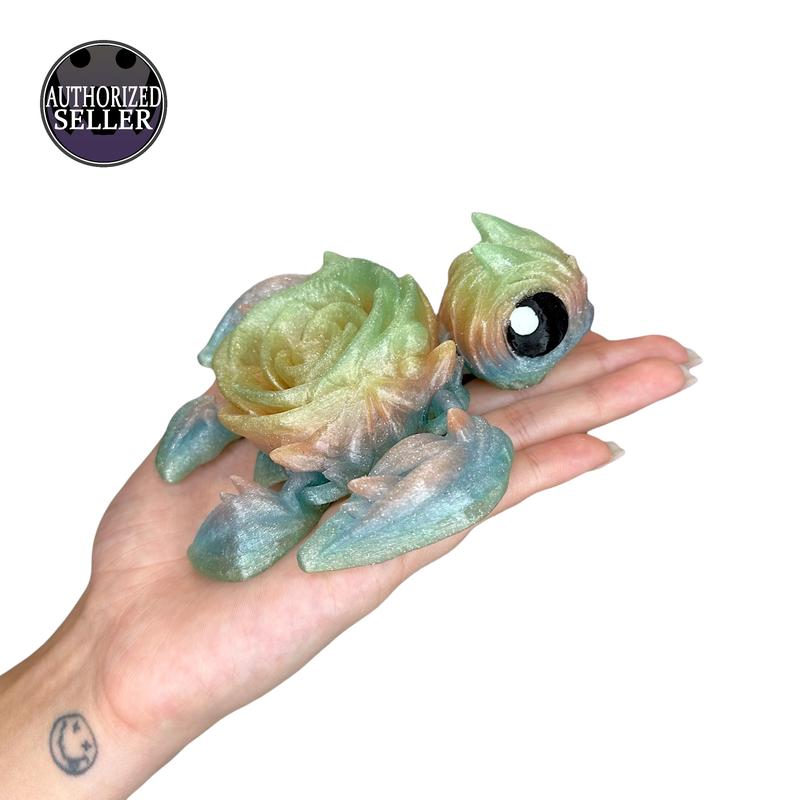 Rainbow Rose Turtle Articulated Figurines: Small & Large, Pastel, Silky & Glitter Finishes