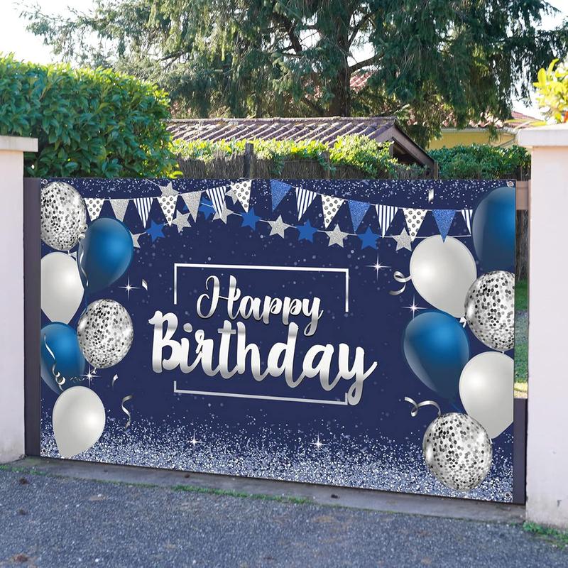 Happy Birthday Backdrop, Glitter Banner for Party Supplies, Photo Background (72.8 x 43.3 Inch, Silver & Navy Blue) Ornaments