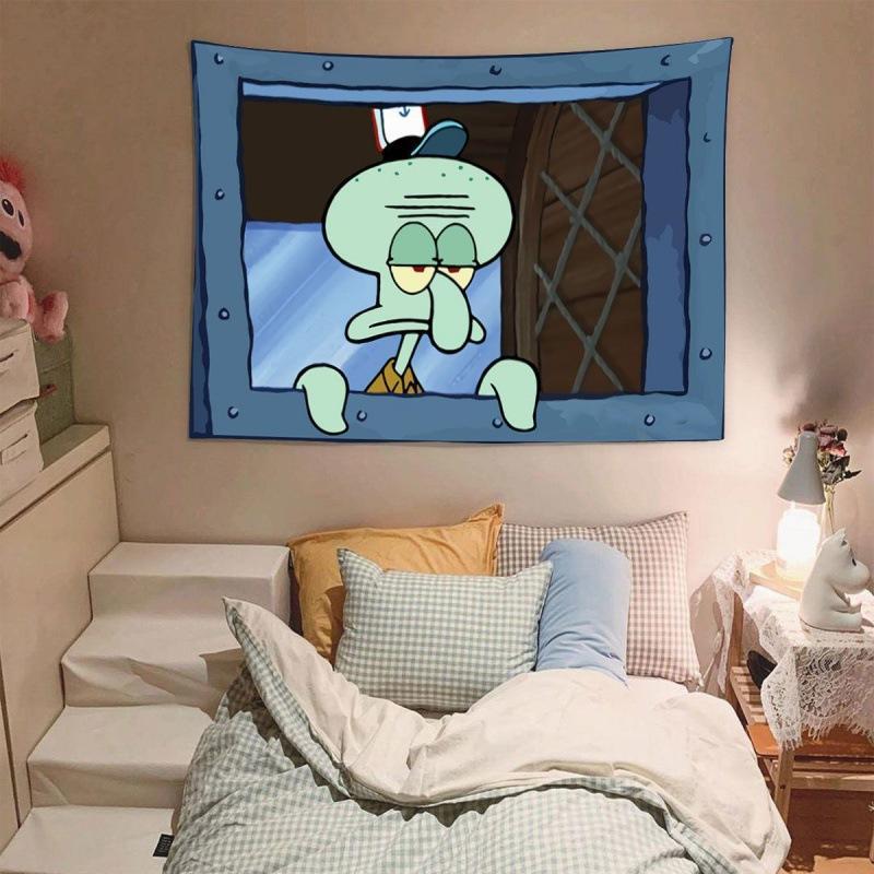 1 PCS Squidward Tentacles SpongeBob   Free 6-meter LED star light string Christmas New Year Decoration Cartoon Tapestry Dormitory Bedroom Wall squidward tapestry 2024 christmas ornament and  decor Hanging Lightweight Print