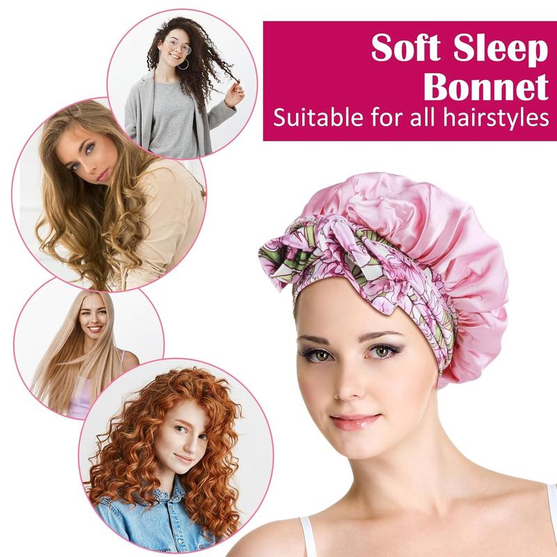 Satin Bonnet for Sleeping, Large Silk Sleep Cap Satin Hair Bonnets with Printed Tie Band and Scrunchies, Shower Caps for Women Curly Hair(Pink)