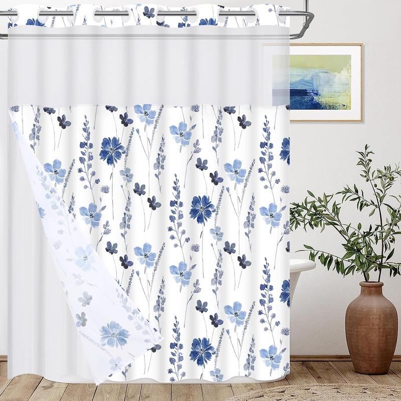 No Hook Shower Curtain with Snap Liner,Blue Watercolor Flower Shower Curtain with Liner,Shower Curtain with See Through Top Window,Double Layer shower curtain