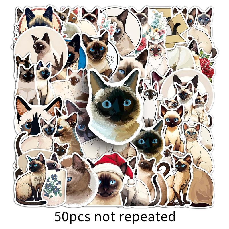 Cute Siamese Cat Pattern Sticker, 50pcs set Cartoon Sticker for DIY Scrapbooking Laptop Luggage Water Bottle Decoration, DIY Decorative Sticker